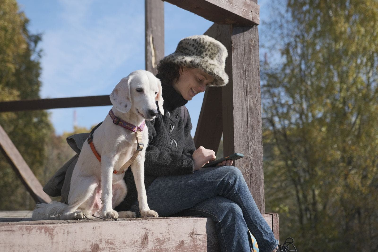 A pet owner booking a groom on their phone with their dog beside them